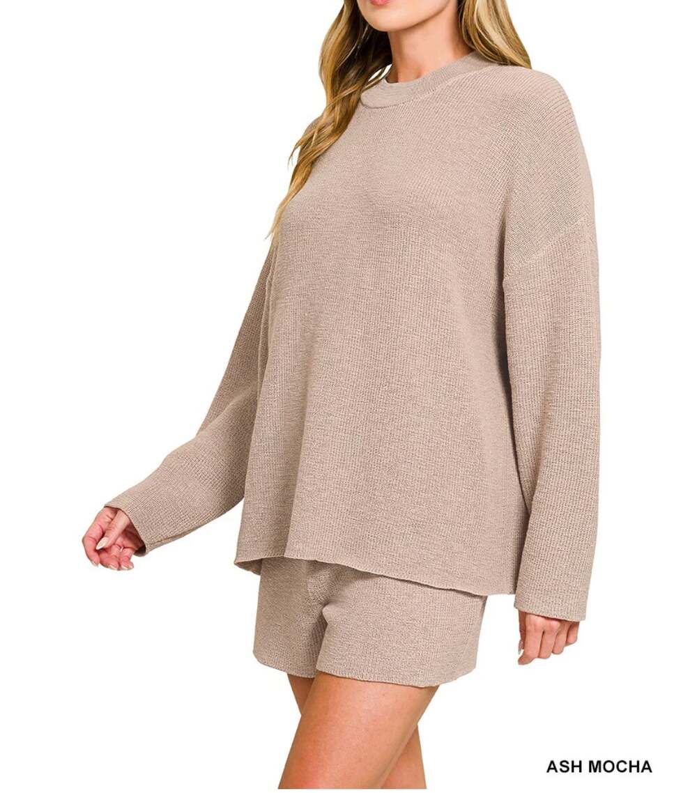 Zenana Beige Knit Lounge Matching Set Size Small Sweater Shorts Neutral Tan